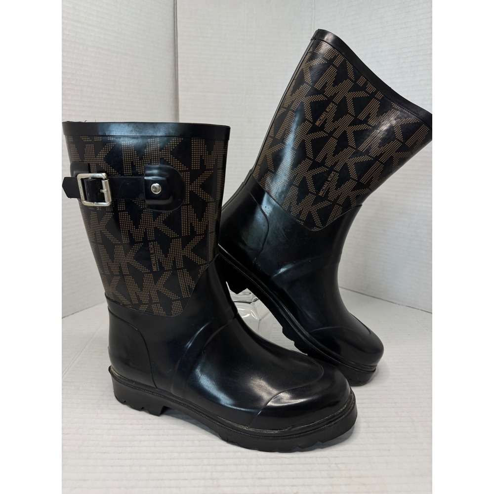 Michael Kors Rain Boots Womens 6 Monogrammed Logo MK Black Brown Buckle Pull-On